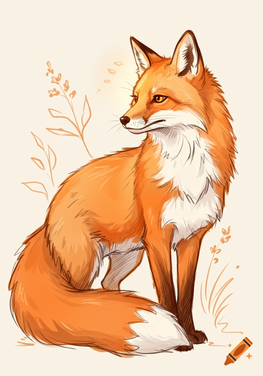 A stylized sketch illustration of an orange fox with white fur on its chest and tail, sitting on a light background with subtle botanical elements.