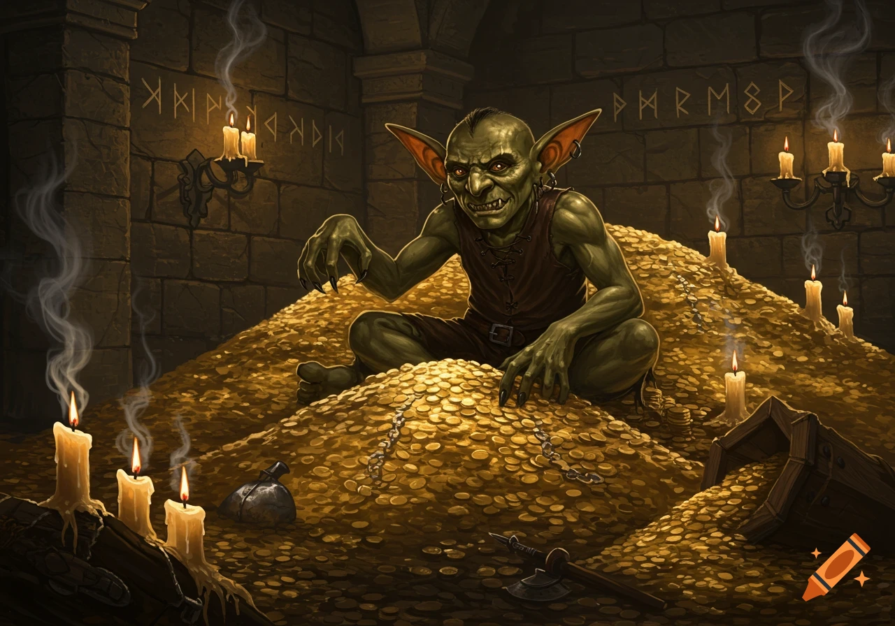 A green-skinned goblin with large ears and red eyes sits on a huge pile of gold coins in a dimly lit stone dungeon, surrounded by lit candles and ancient runes on the walls.