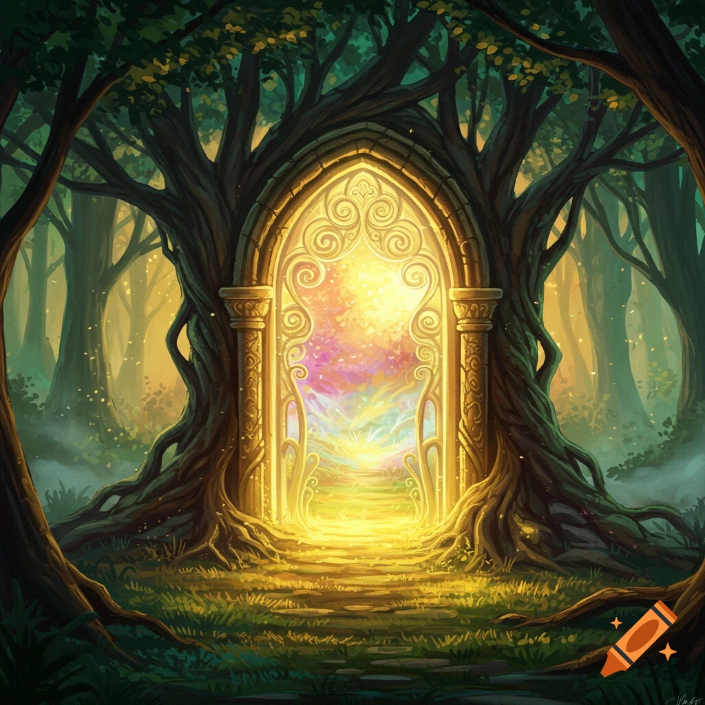 A glowing magical arched doorway with intricate golden patterns set within the gnarled roots of ancient trees in a mystical forest.
