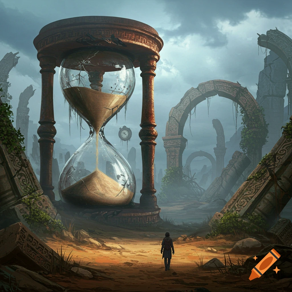A giant, cracked hourglass stands among ancient ruins in a desolate landscape with a lone figure walking away.