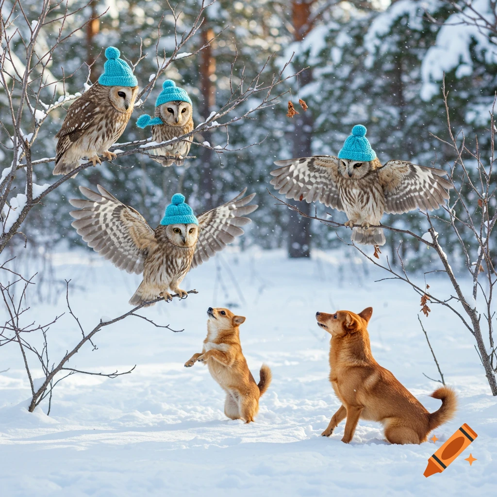 Photorealistic image of four owls wearing blue winter hats perched on snowy tree branches, looking down at two red dogs in a snowy forest.