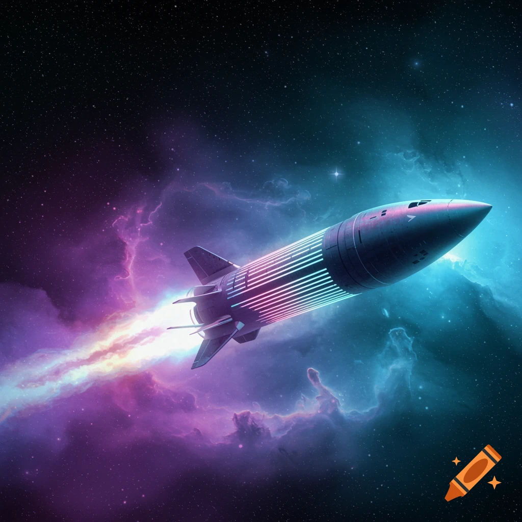 A rocketship with glowing neon stripes flies through a vibrant purple and blue nebula in deep space.