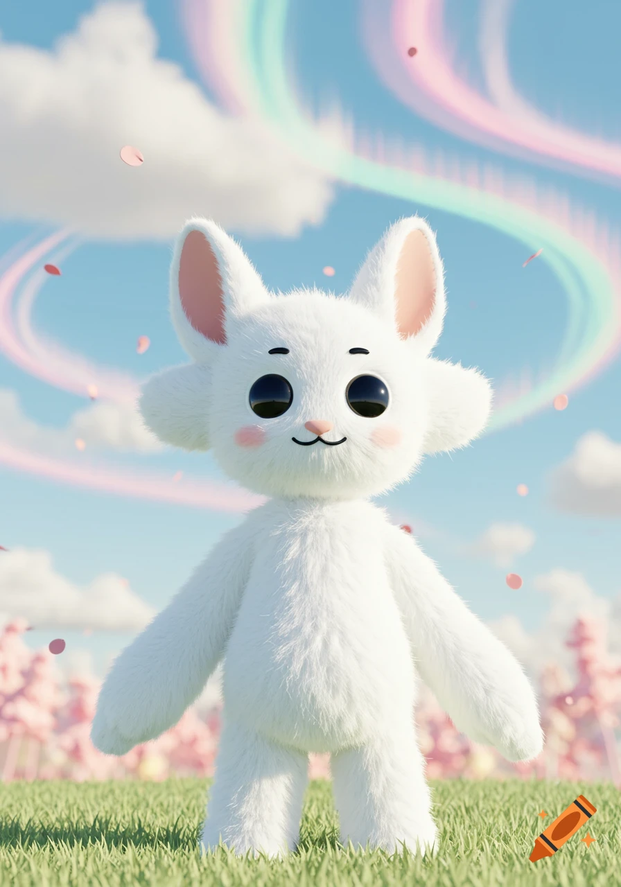 A cute white fluffy rabbit-like creature stands in a green field under a blue sky with pink and green aurora and falling petals.