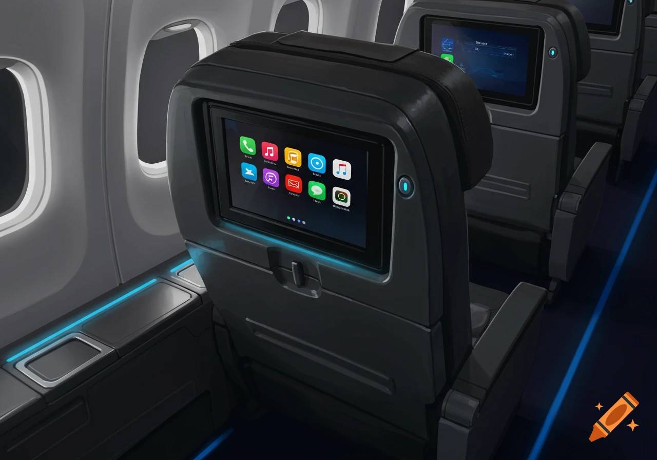 Interior view of an airplane cabin, focusing on the back of dark gray seats with illuminated screens displaying colorful app icons.