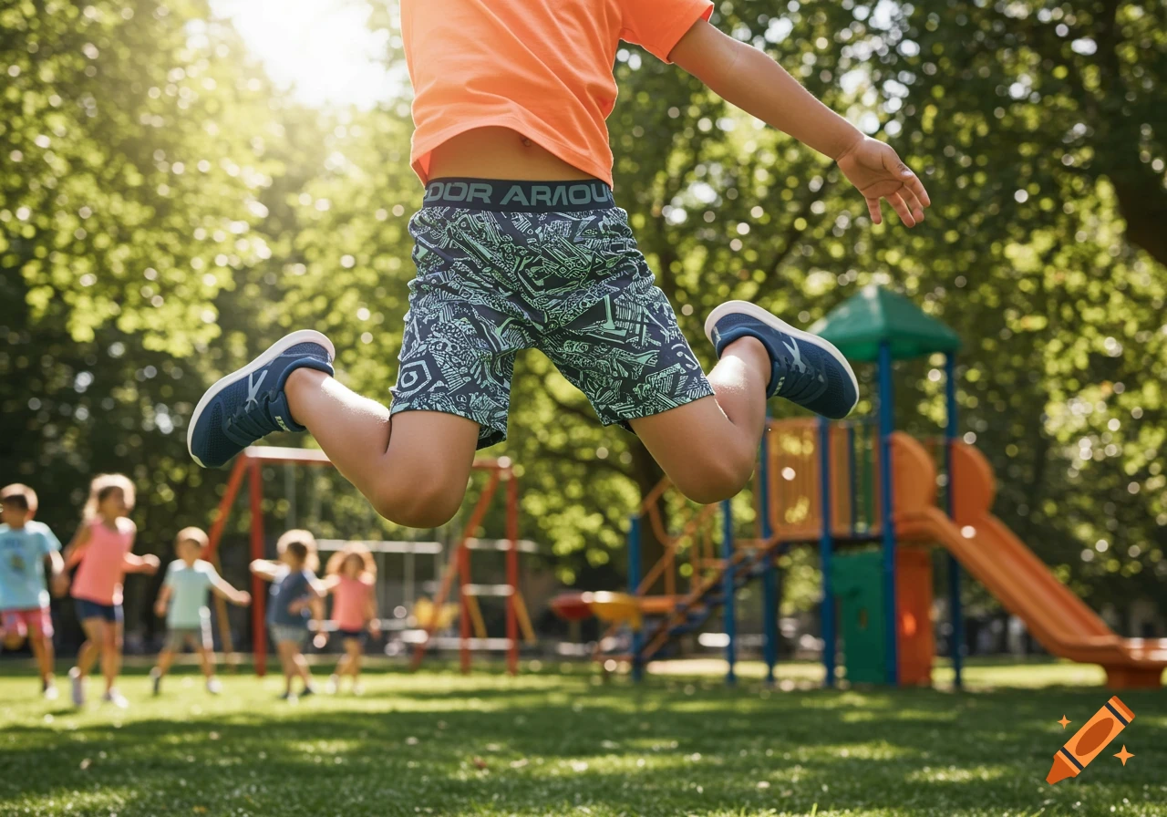 A child in athletic shorts and a t-shirt jumps in mid-air on a sunny playground, with blurred children and play equipment in the background.