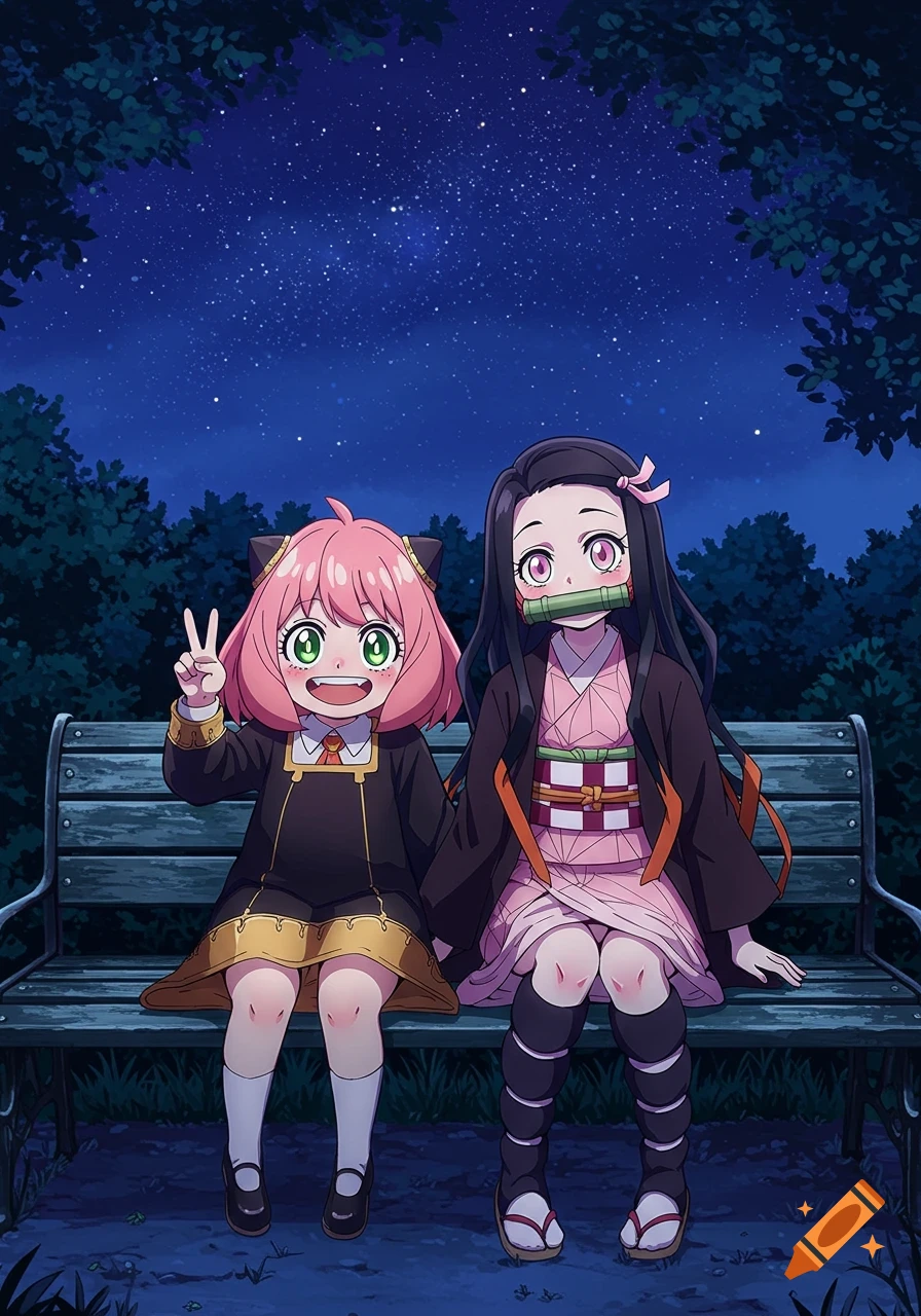 Anya Forger and Nezuko Kamado, in anime style, sit on a park bench at night under a starry sky, with Anya making a peace sign.