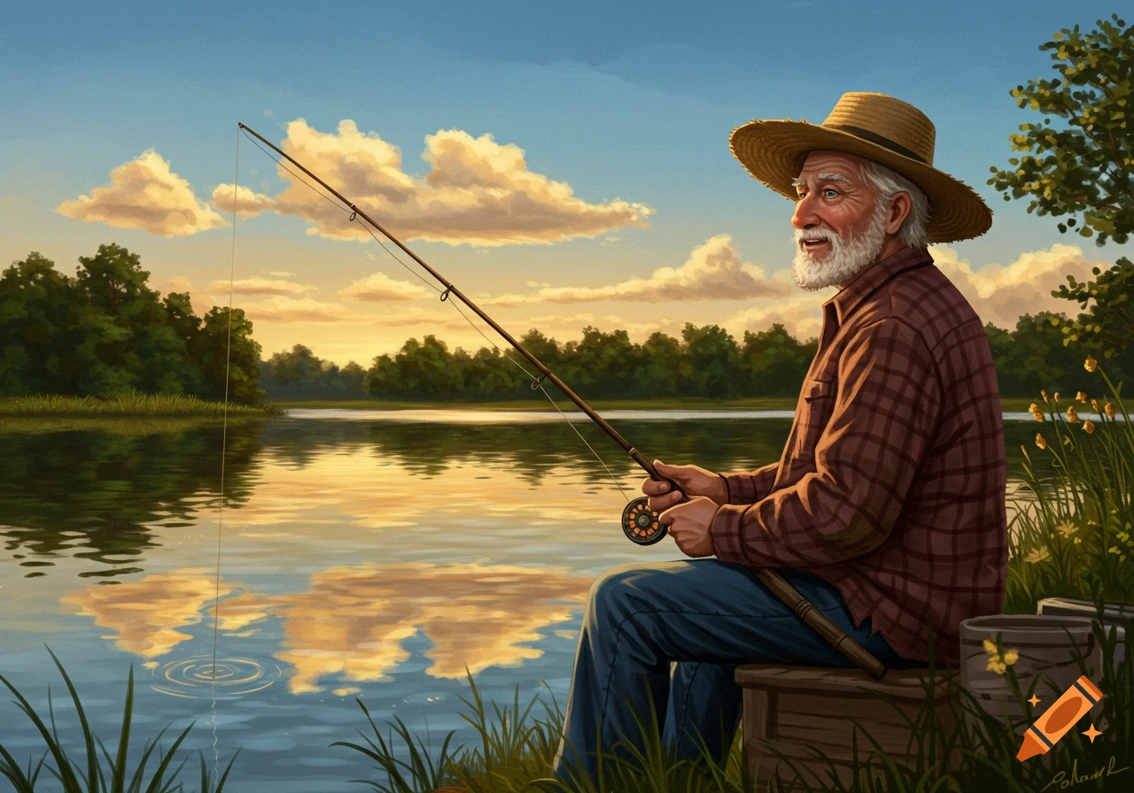 Illustrated painting of an old man fishing by a tranquil lake at sunset.
