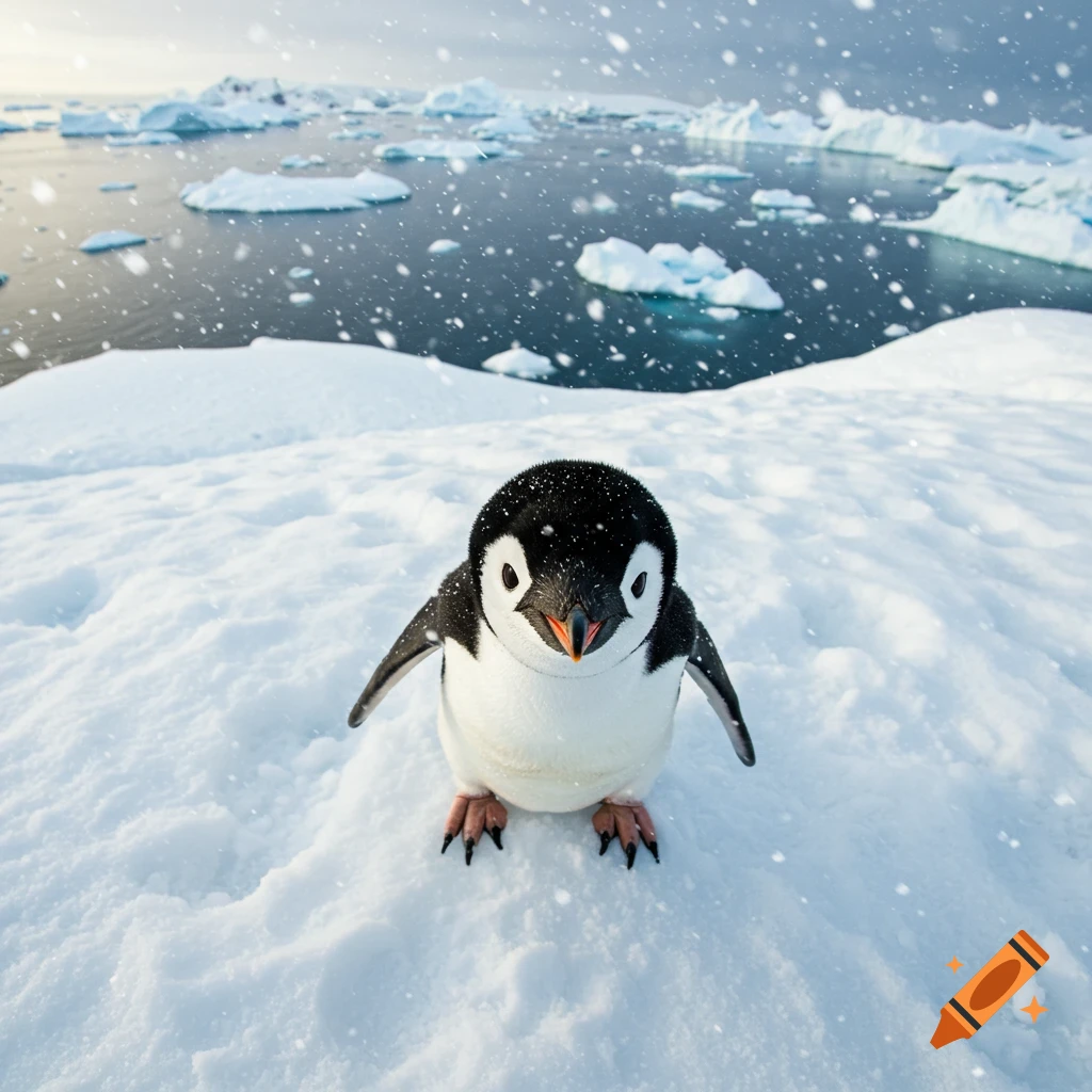 A cute baby penguin stands on snowy ground, looking directly at the camera, with icebergs and open water in the background under falling snow.