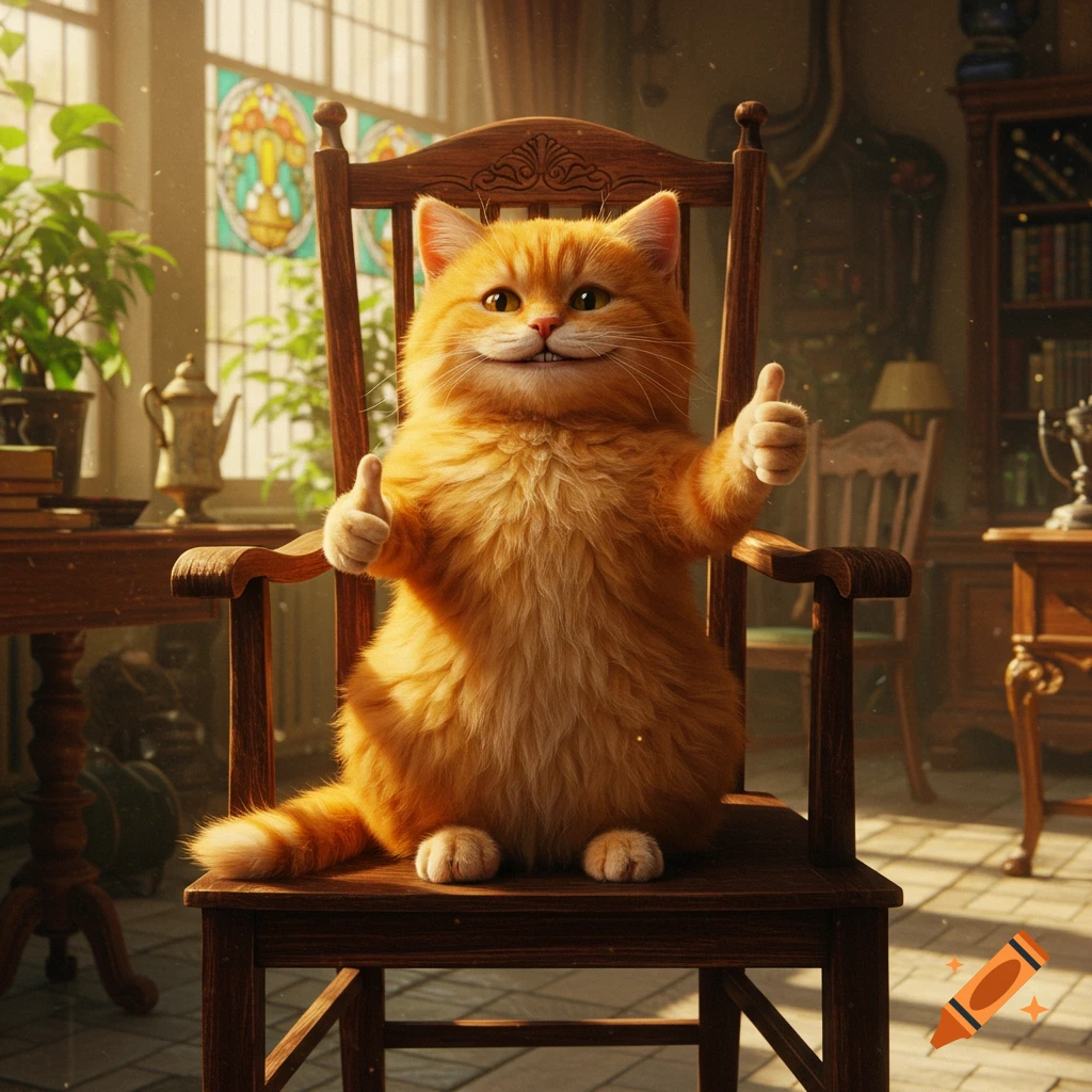 A fluffy orange cat with a human smile sits on a wooden rocking chair, giving two thumbs up in a sunlit room.