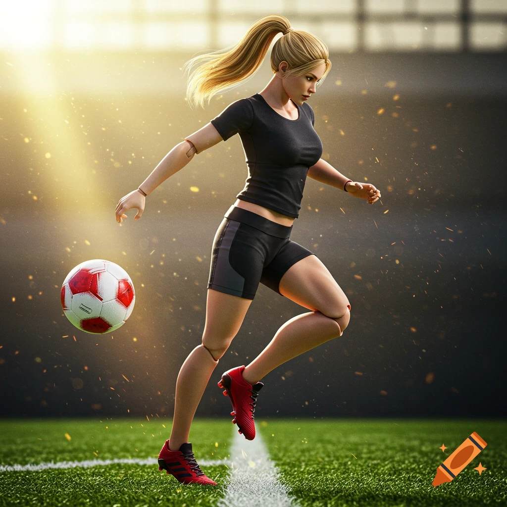 A female action figure in athletic wear kicks a soccer ball on a green field in a stadium.