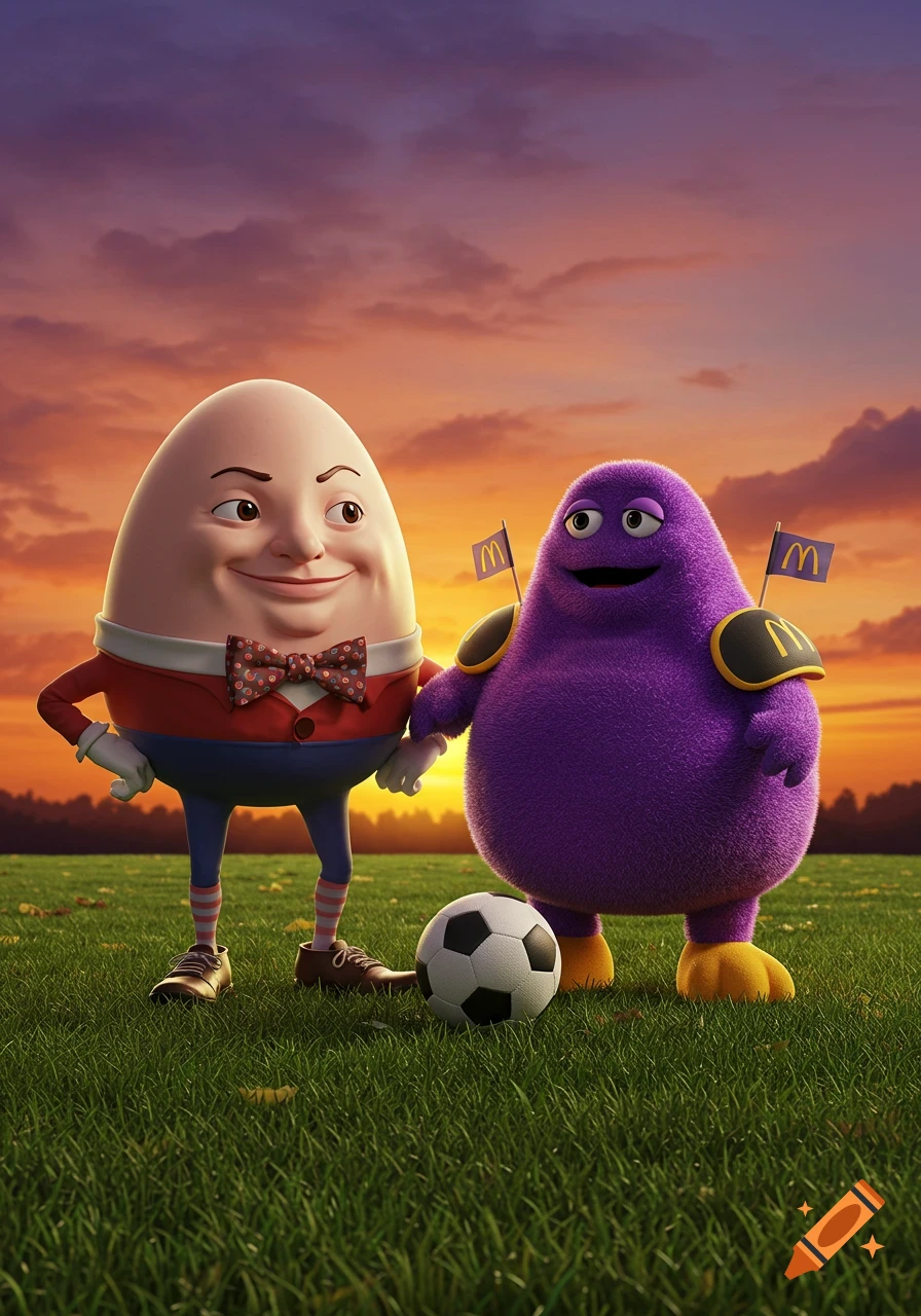 Humpty Dumpty and Grimace stand on a soccer field at sunset with a soccer ball nearby.