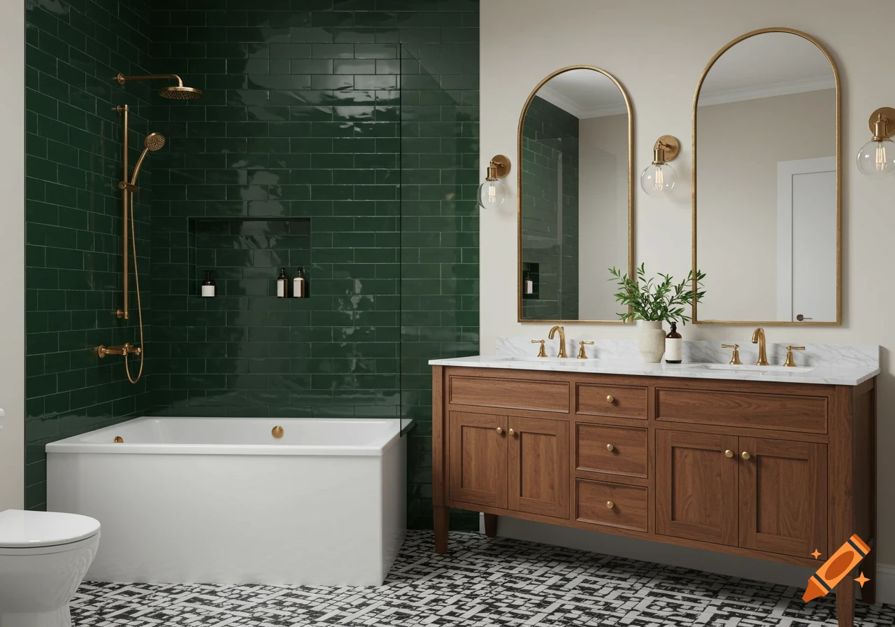 A modern bathroom featuring dark green subway tiles, a white built-in tub, a double wooden vanity with white marble tops, and black and white patterned floor tiles.