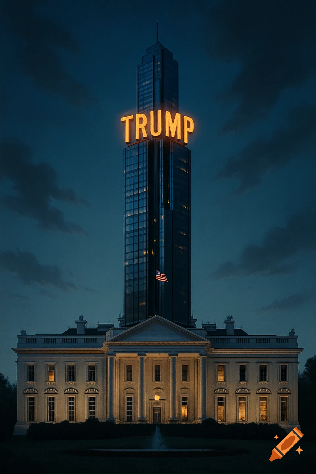 A tall, modern skyscraper with a glowing 'TRUMP' sign on top, sitting directly on top of the White House under a dark blue sky.