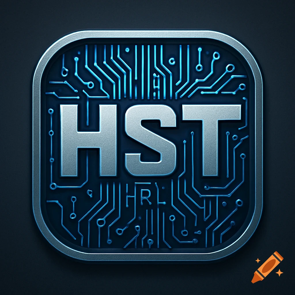 A metallic silver HST logo with glowing blue circuit board patterns on a dark background.