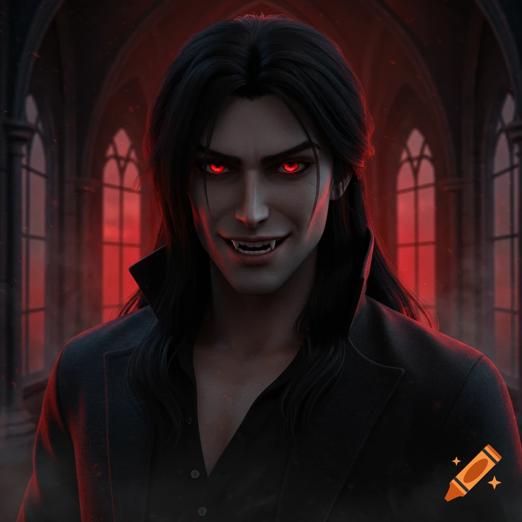 A realistic portrait of a handsome male vampire with long dark hair, glowing red eyes, fangs, and a sinister smile, set in a gothic interior.