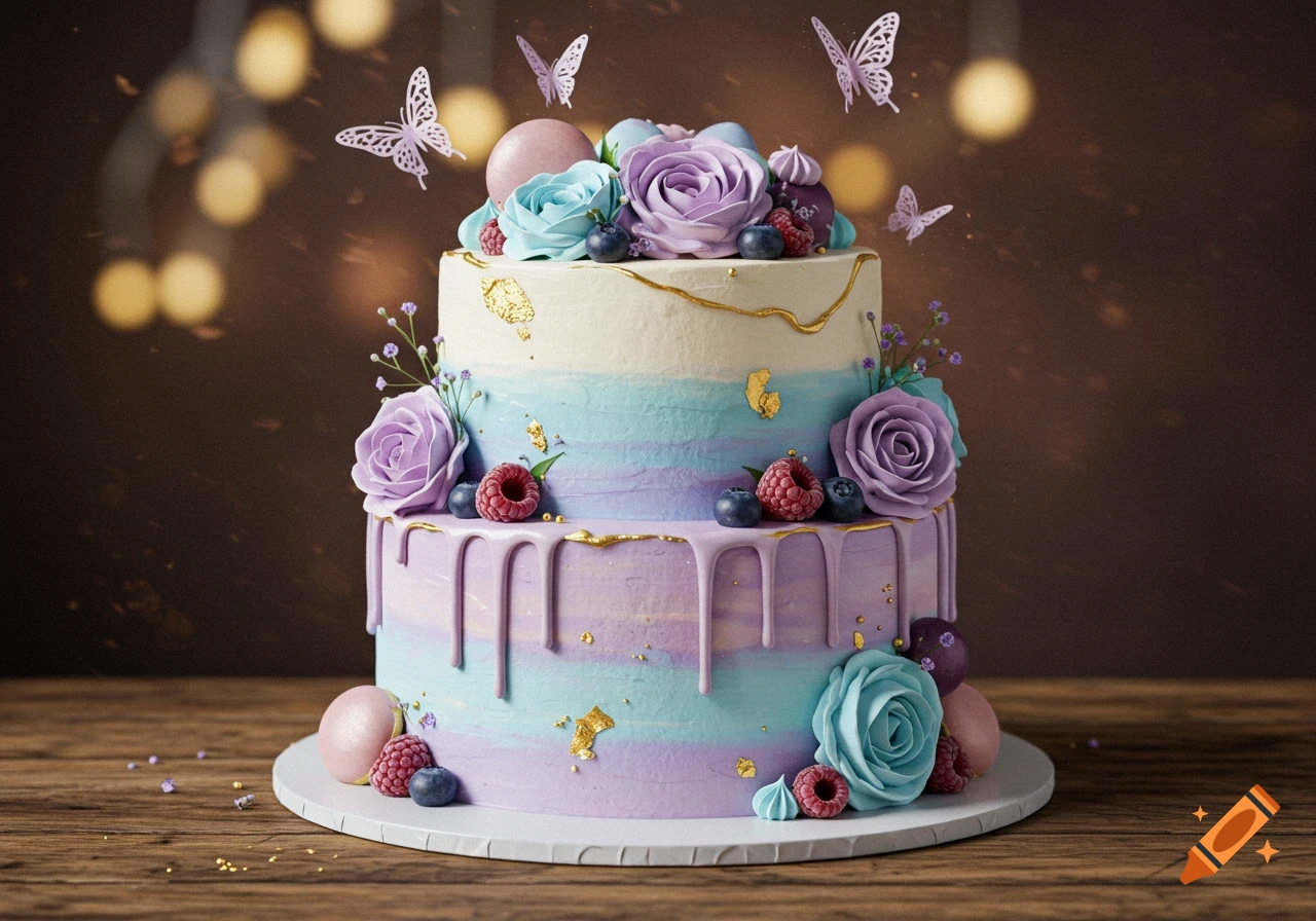 A two-tiered cake with pastel blue, purple, and white frosting, decorated with roses, berries, gold flakes, and butterflies.
