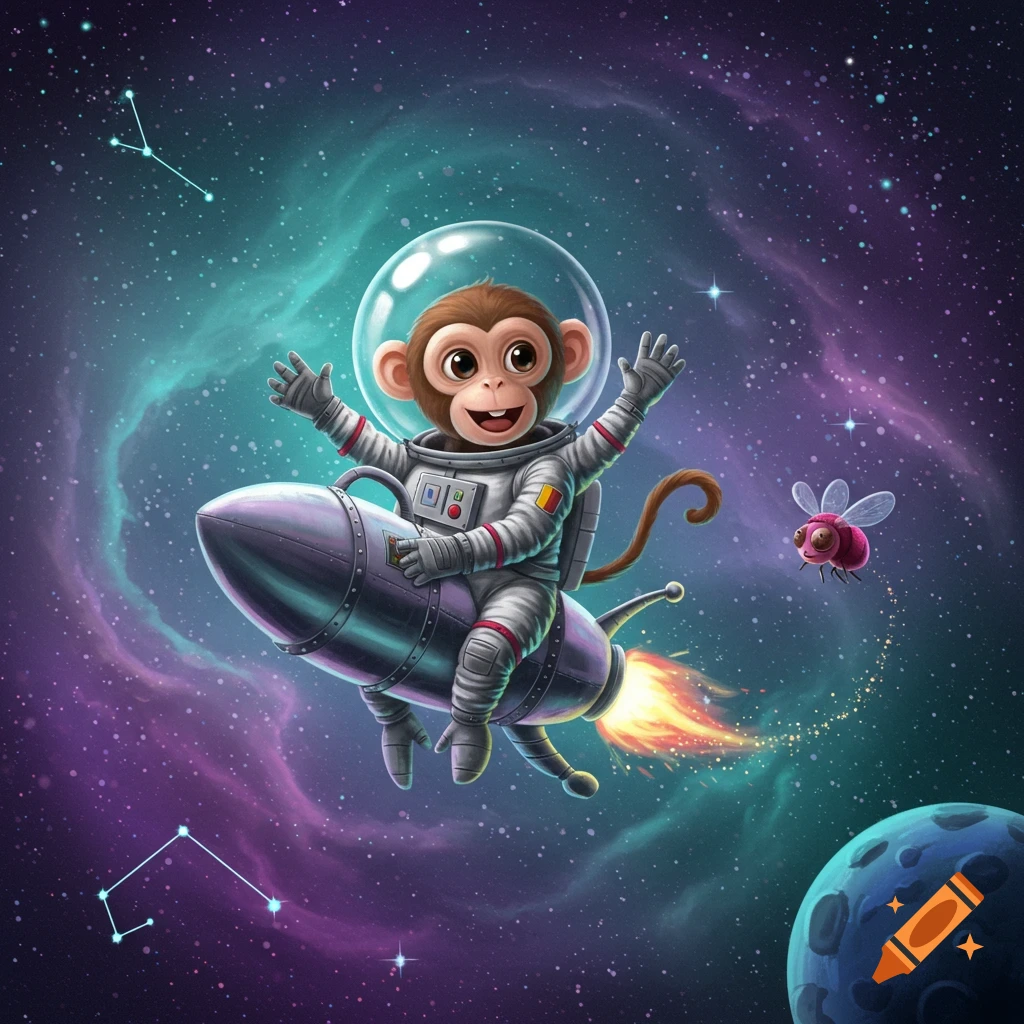 A cute cartoon monkey in an astronaut suit rides a rocket through a colorful nebula in space, with a small pink fly nearby.