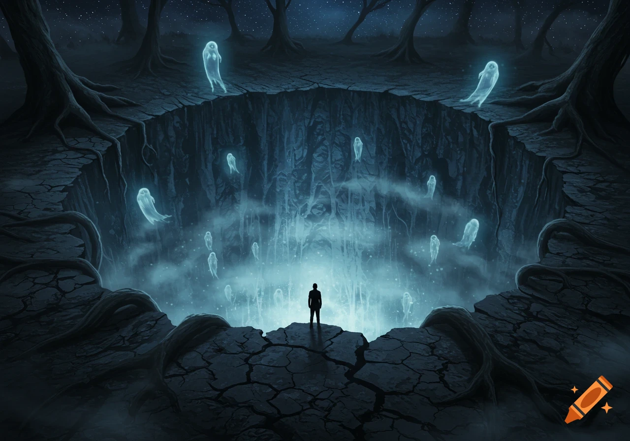 A lone figure stands on cracked earth at the edge of a vast abyss, lit by glowing spirits under a starry night sky in a dark fantasy style.