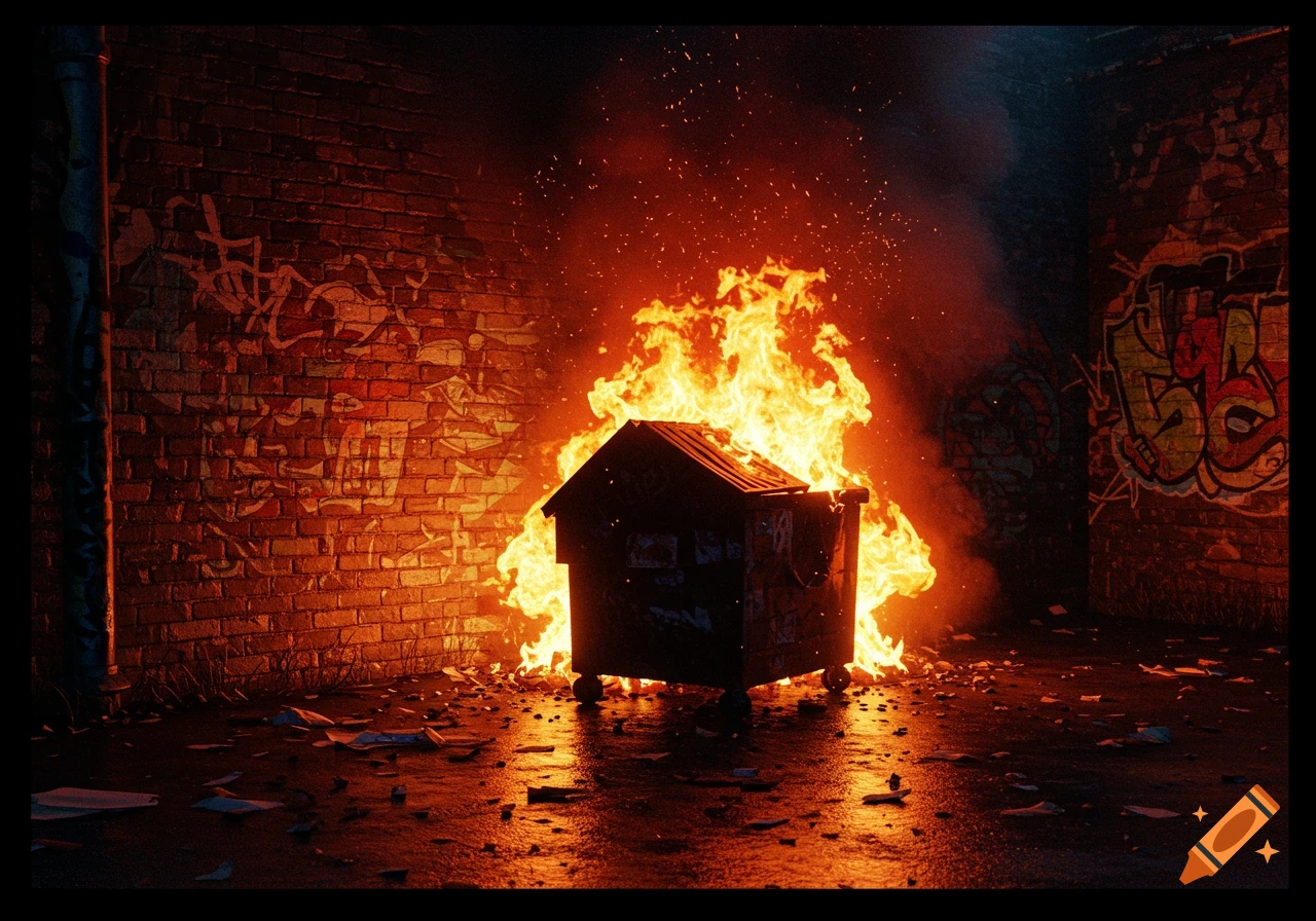 A dumpster is engulfed in bright orange flames within a dark, wet alleyway with graffiti-covered brick walls.