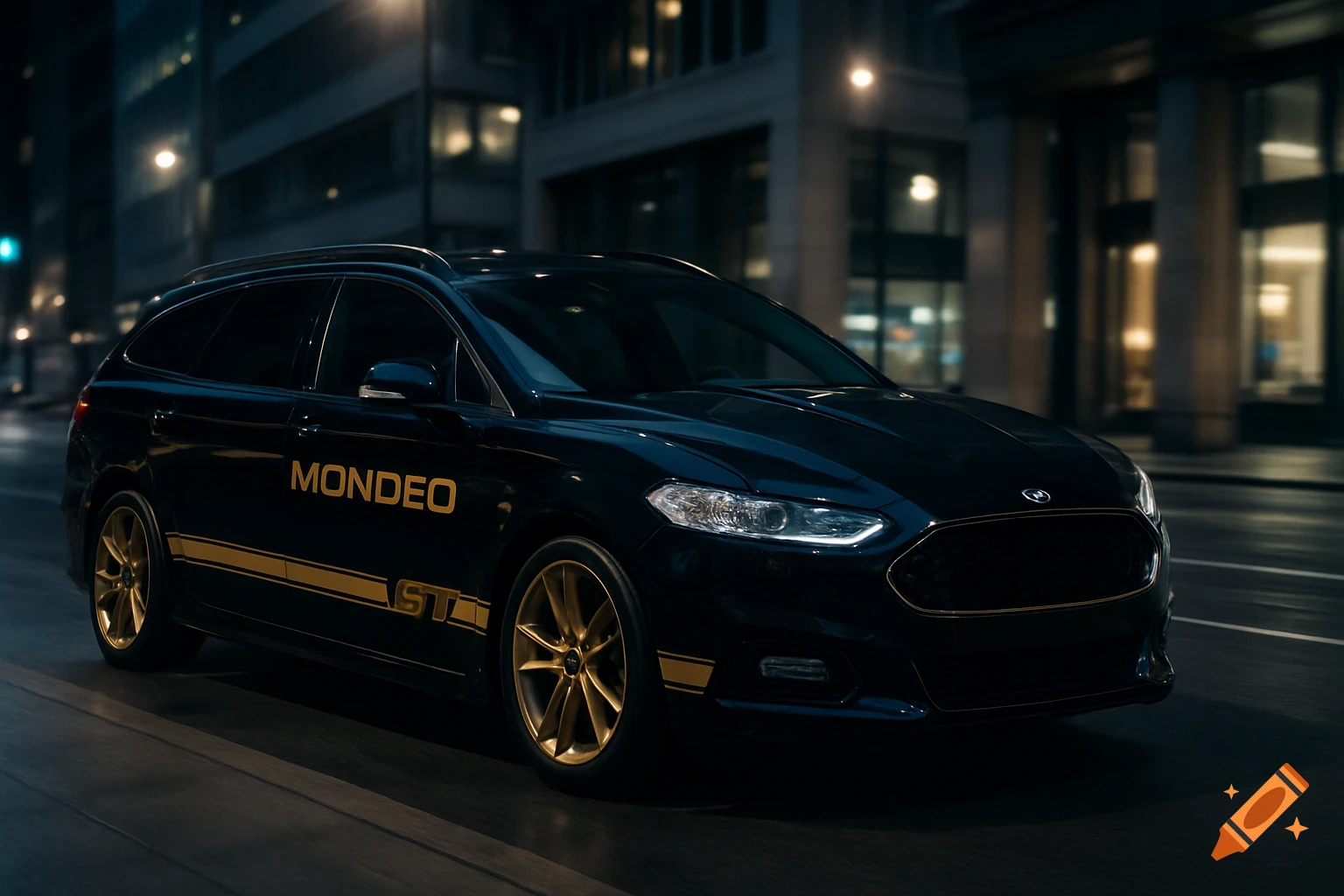 A black Ford Mondeo estate car with gold stripes and 'MONDEO ST' lettering on its side, driving at night in a city.