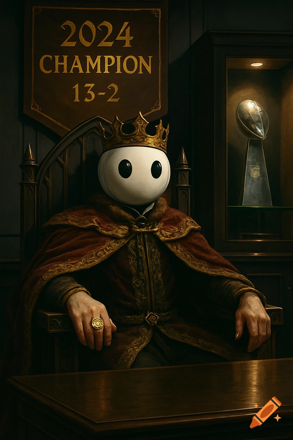 A masked figure in a crown and royal robe sits on a throne with a "2024 Champion" banner and Lombardi trophy.