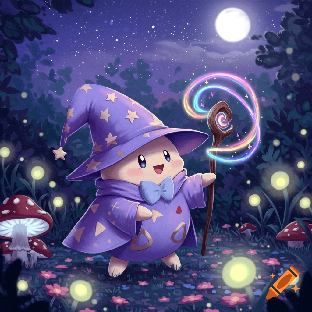 A cute cartoon Togepi wizard in a purple robe and hat holds a glowing staff in a magical forest at night with fireflies and mushrooms under a full moon.