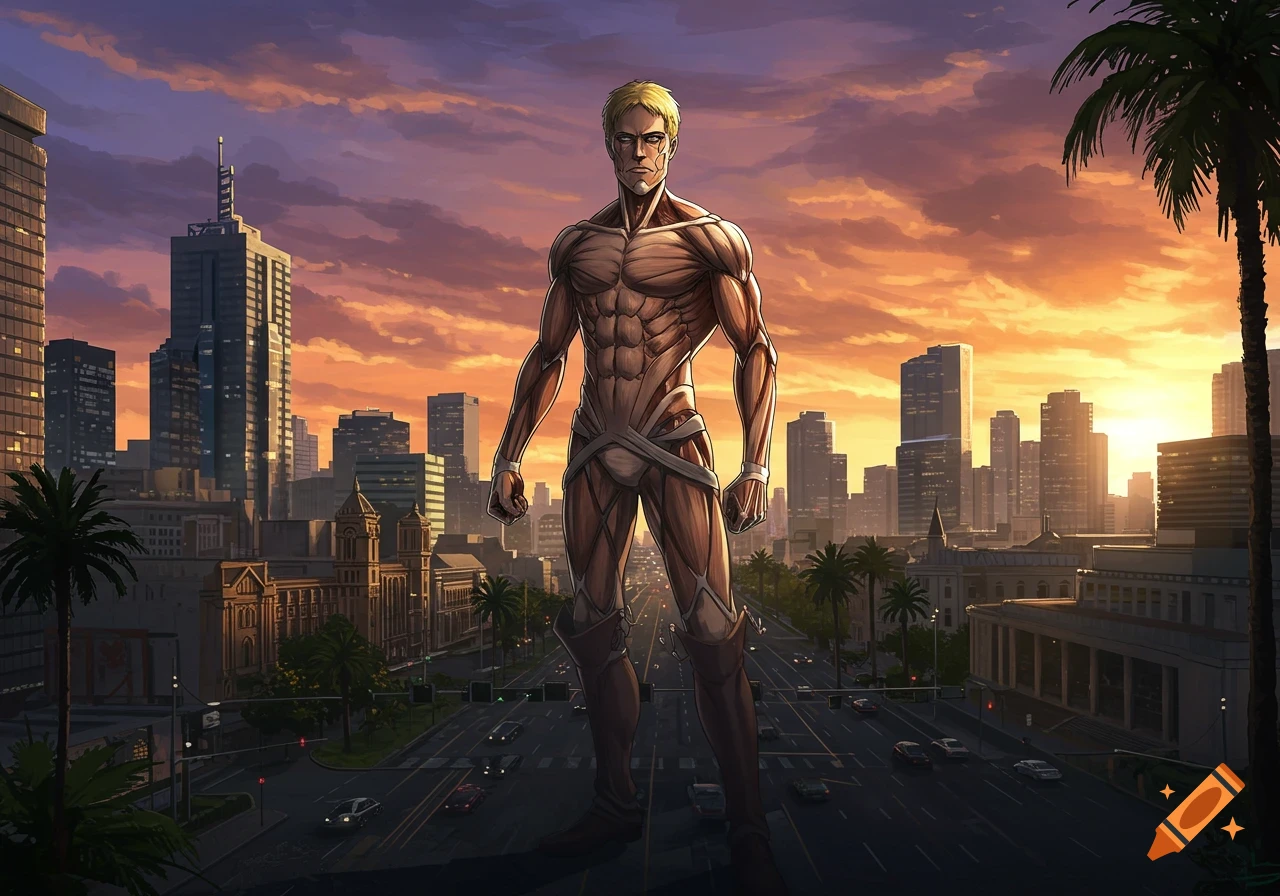 A huge, muscular armored figure from Attack on Titan stands on a city street at sunset, towering over buildings in an anime style.