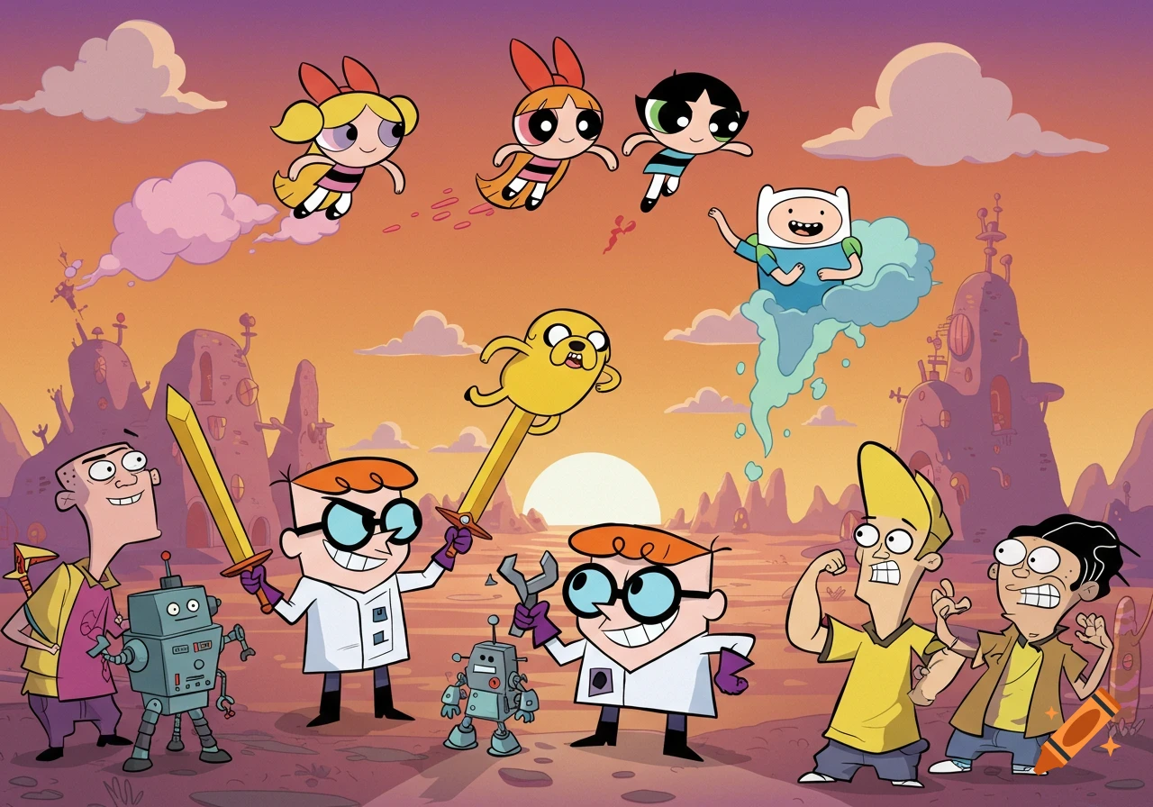A vibrant cartoon collage featuring Powerpuff Girls, Finn, Jake, Dexter, Ed, Edd n Eddy, and Johnny Bravo in a stylized landscape.