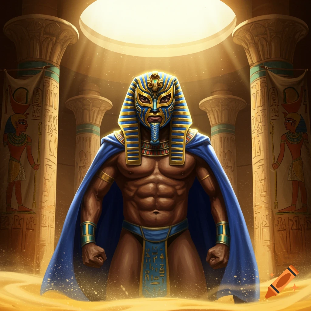 A muscular man in a blue cape, gold and blue pharaoh-style mask, and loincloth stands in a sandy Egyptian temple.