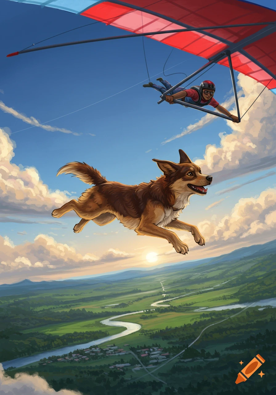 A dog flies through a blue sky alongside a person in a red and blue hang glider, soaring above a green landscape with a winding river and small village at sunset.