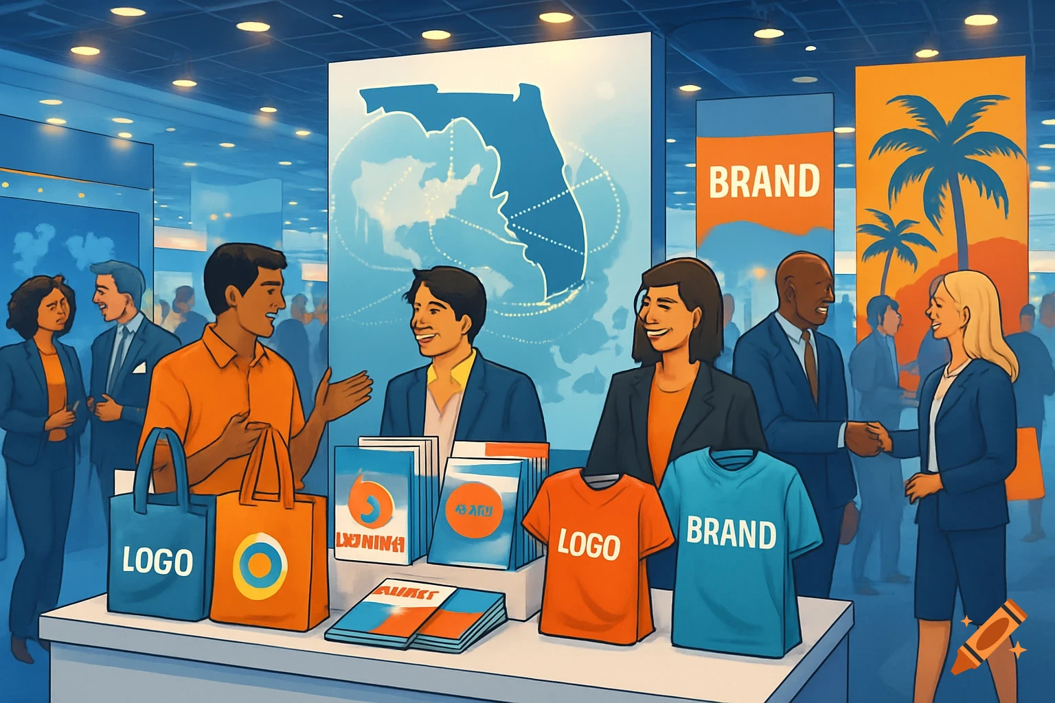 An illustration of people at a trade show booth with branded bags, shirts, and brochures on display, featuring a map of Florida and palm trees in the background.