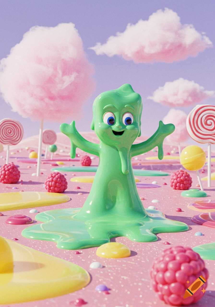A cheerful green goo character melting into a pink candy land with cotton candy trees, lollipops, and raspberries, rendered in 3D.