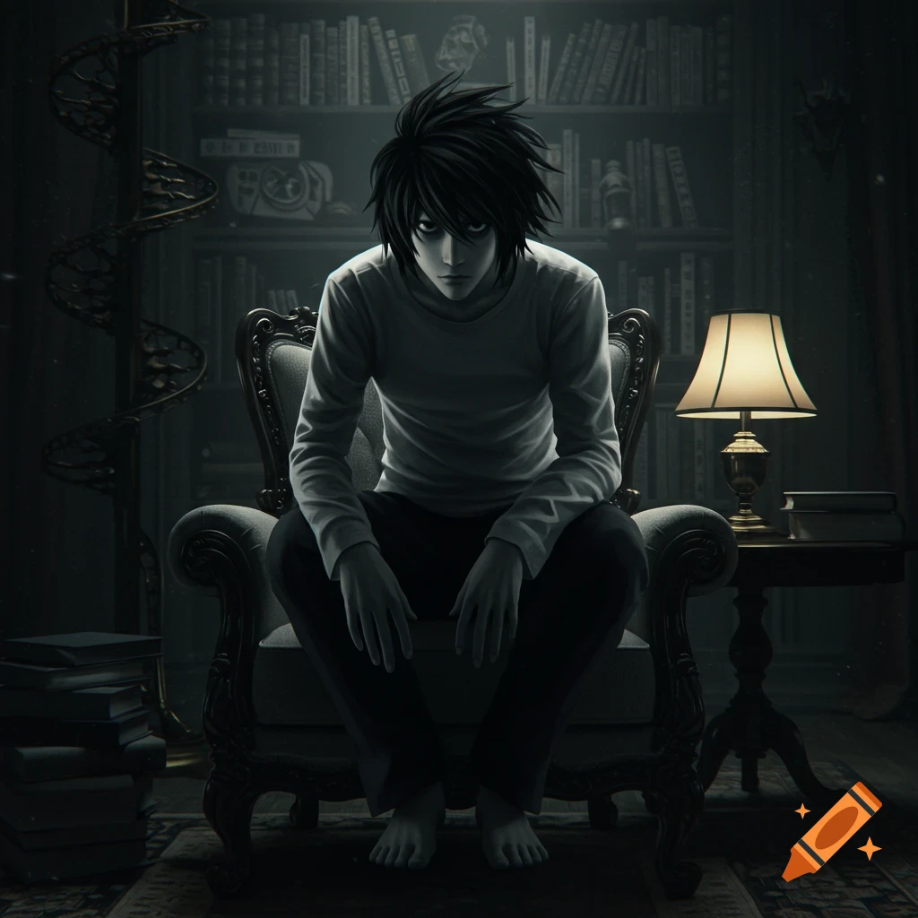 L from Death Note sits hunched in a dark, gothic room with a bookshelf and lamp, in an anime art style.