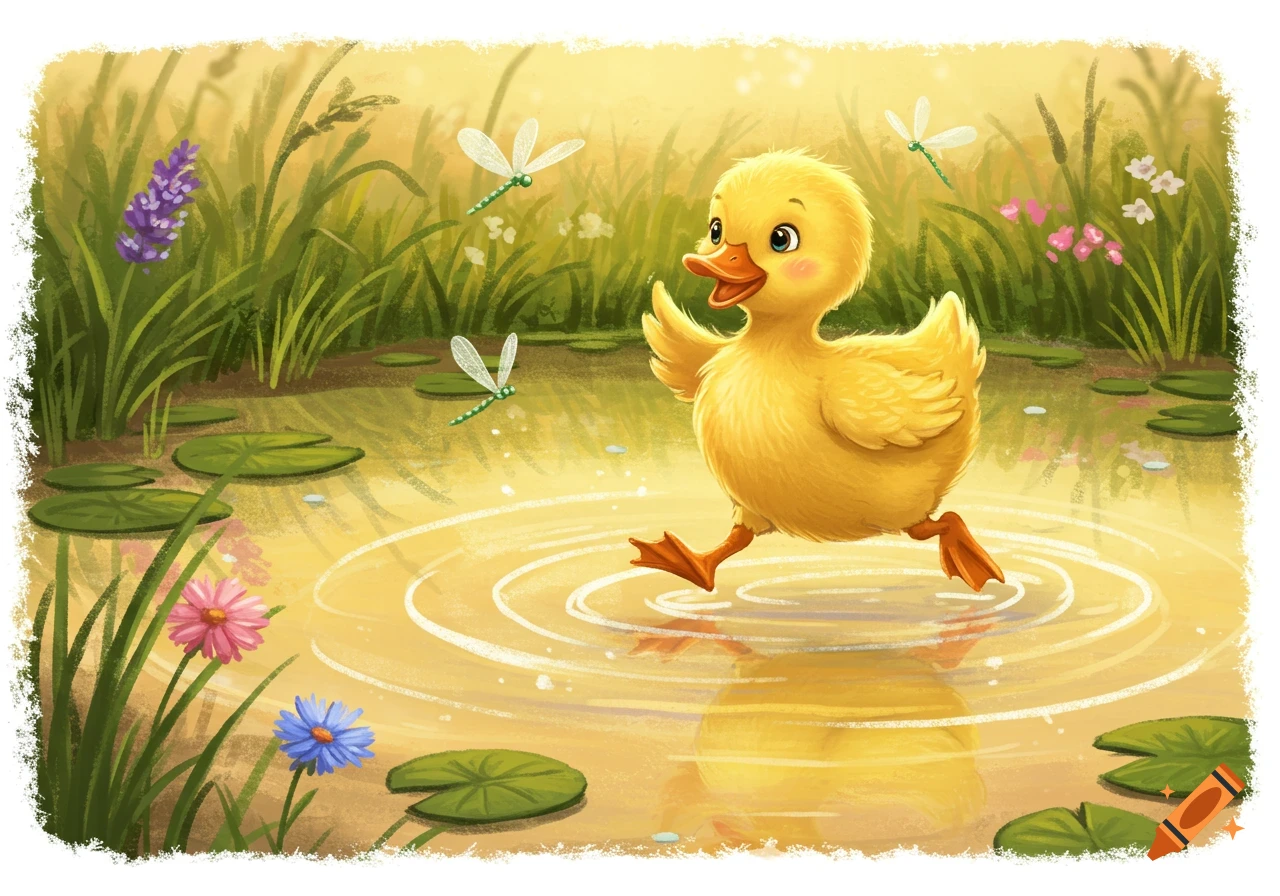 A colorful illustration of a happy duckling running through a sunny pond with lily pads, flowers, and dragonflies.