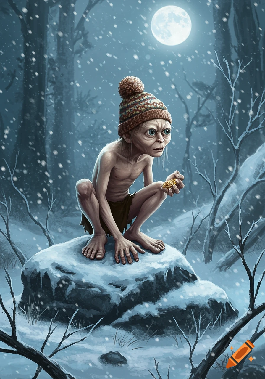 Gollum in a winter hat crouches on a snowy rock in a moonlit forest, holding something in his hand. Illustration style.