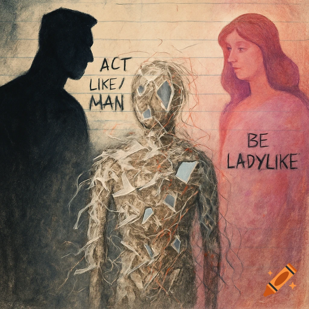 Drawing of a fragmented figure between a dark male silhouette with 'ACT LIKE/MAN' and a pink female silhouette with 'BE LADYLIKE'.