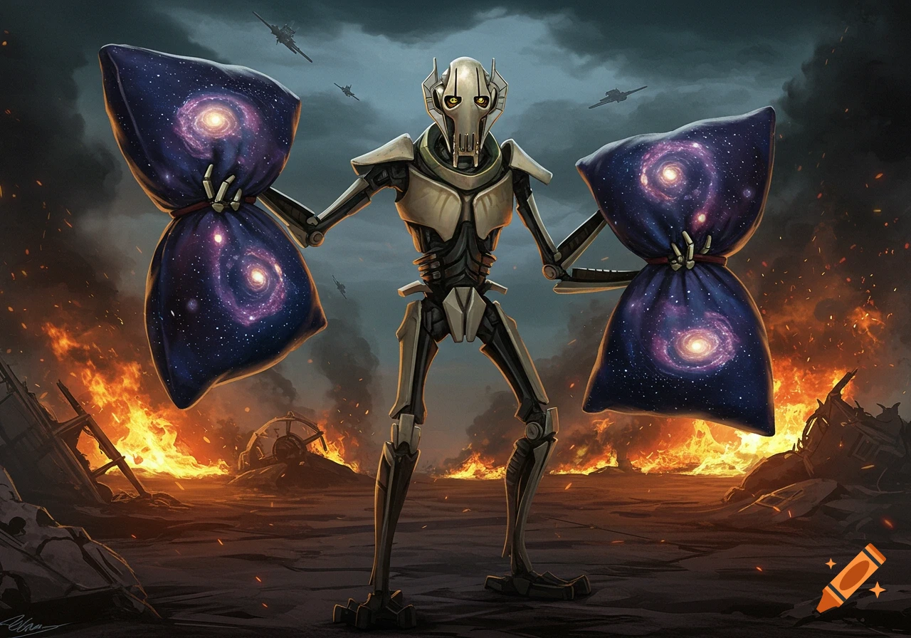 General Grievous stands on a fiery battlefield, holding two large sacks with spiral galaxies on them. Spaceships fly in the stormy sky.