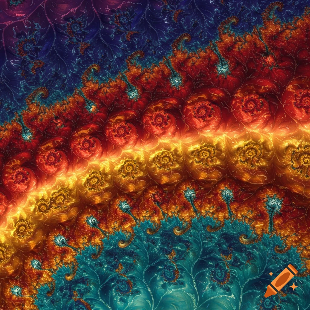 A vibrant abstract fractal image with swirling patterns in red, orange, yellow, and blue hues.