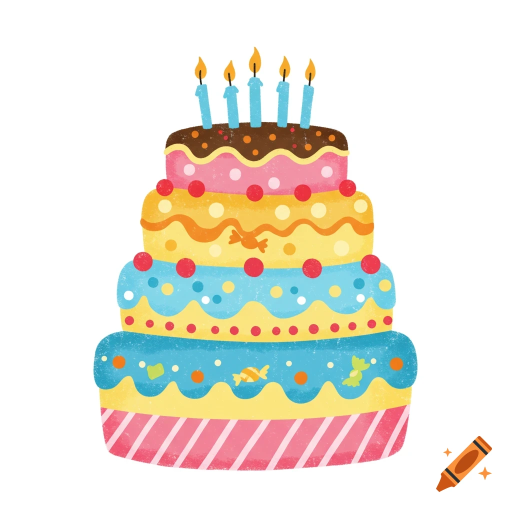 A colorful four-tier birthday cake with five lit candles and candy decorations in a simple illustration style.