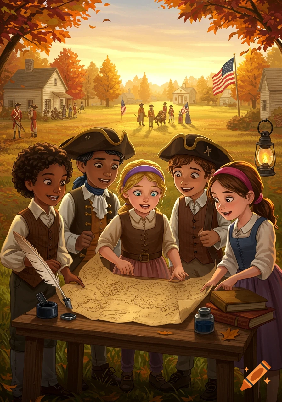 Five children in colonial attire look at a map on a table in an autumnal village scene with historical figures and houses. Illustration.