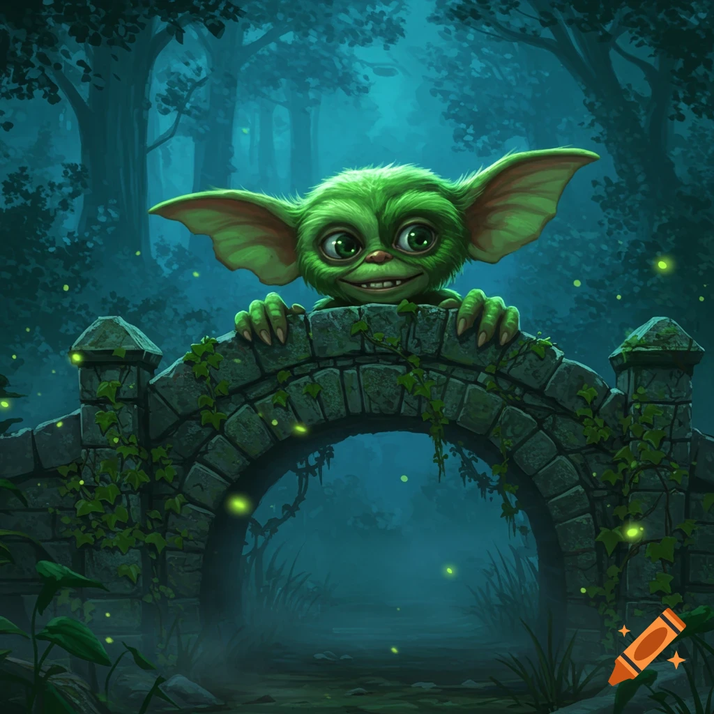 A whimsical, green, big-eared gremlin peeks over a mossy stone bridge in a misty, dark forest filled with glowing fireflies, digital art.