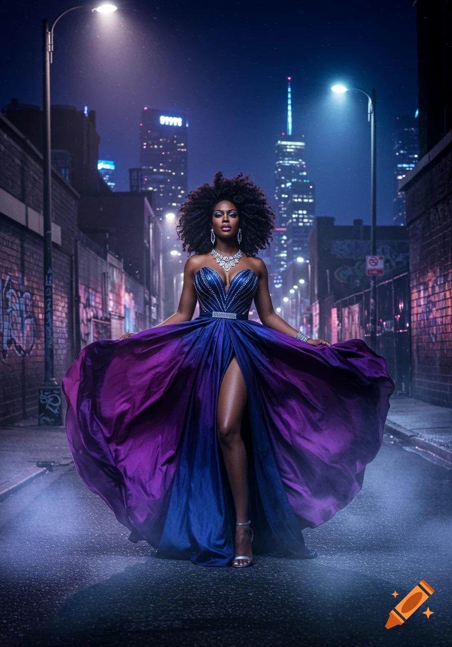A woman with an afro in a flowing blue and purple dress stands in a dark urban alley at night, city lights in the background.