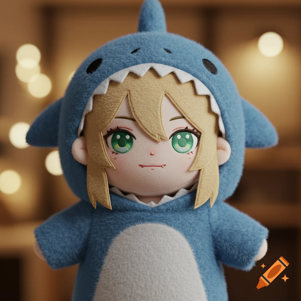 A realistic plushie of an anime girl with blonde hair and green eyes wearing a blue shark hoodie.