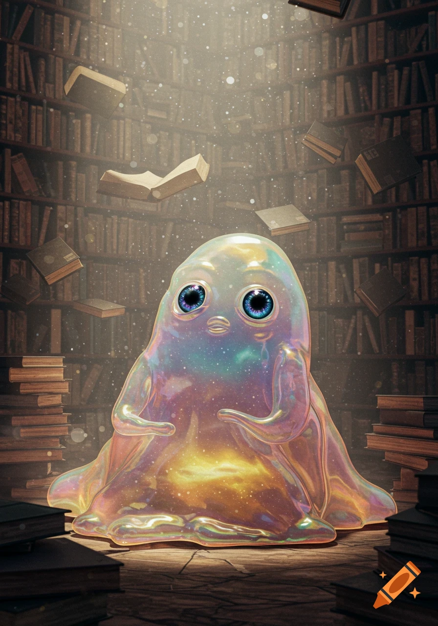A cute, iridescent, cosmic blob creature with large blue eyes sits in a fantastical library with floating books and shimmering dust motes.