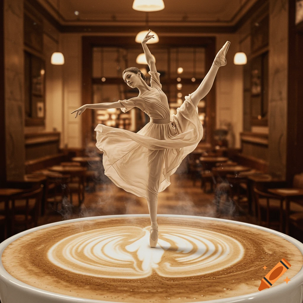 A ballerina dances en pointe on a large cappuccino with latte art in a photorealistic style inside a dimly lit coffee shop.