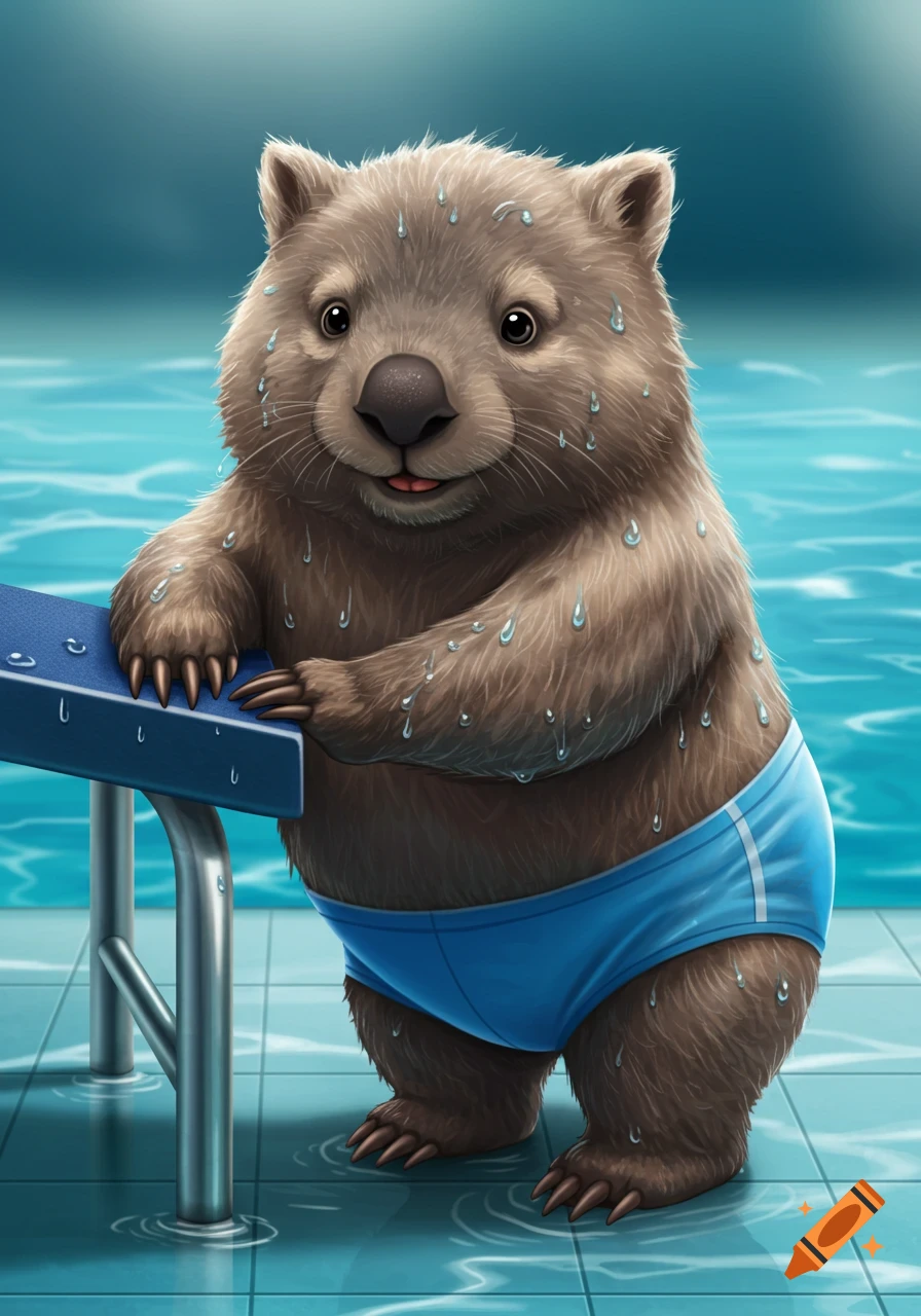 A cute, wet wombat wearing blue swim trunks, leaning on a blue swimming block by a pool.