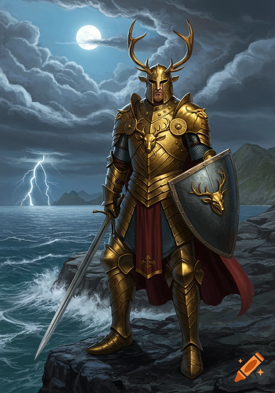 Golden armored stag knight stands on a stormy seashore with a sword and shield, lightning strikes in the distance under a full moon. Digital art.