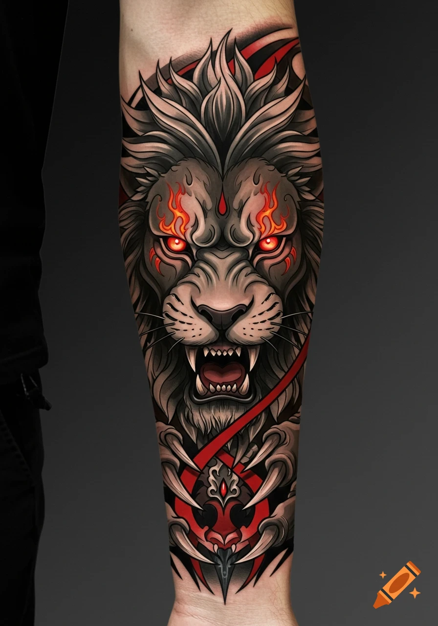 A fierce, stylized lion head tattoo with glowing red eyes and flames, in grayscale with red accents, on a forearm.