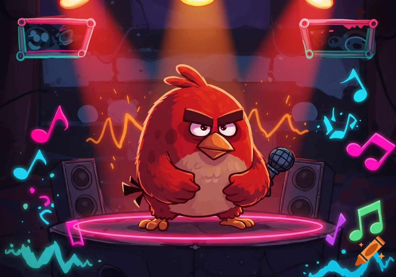 Red from Angry Birds holding a microphone on a neon-lit stage surrounded by musical notes.