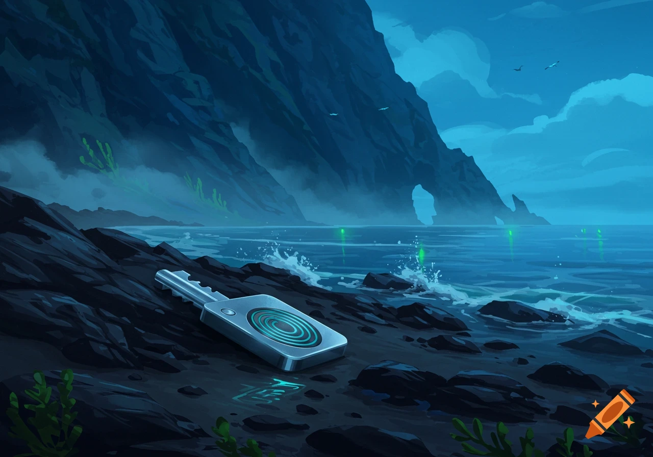 A digital art illustration of a futuristic key on a dark, rocky beach with crashing waves and tall cliffs under a blue, cloudy sky.